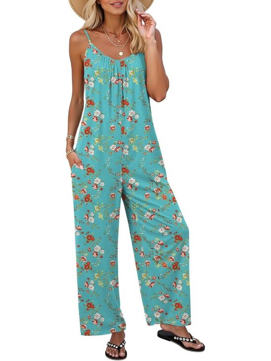 Pants - Women Red Flower Casual Sleeveless Imported Spaghetti Strap Boho Wide Leg Romper